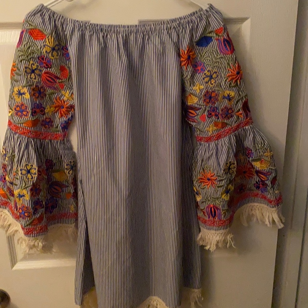 Light blue and white stripe top with colorful embroidery.